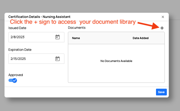 Click + to access library