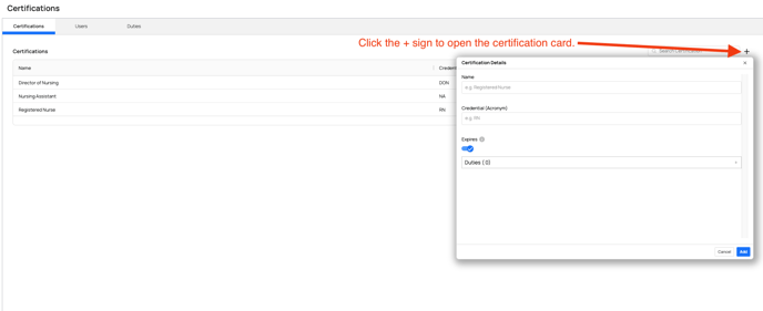 Click the + sign to open certificaitons card