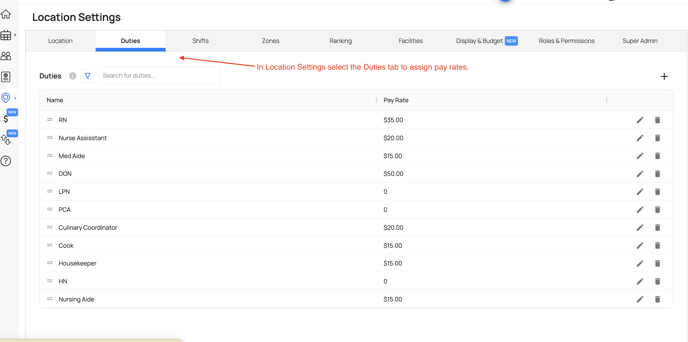 Duties Tab in Location Settings for assigning pay rates.