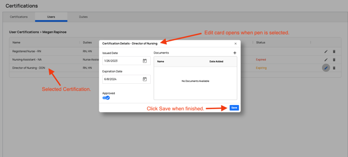 Edit card opens