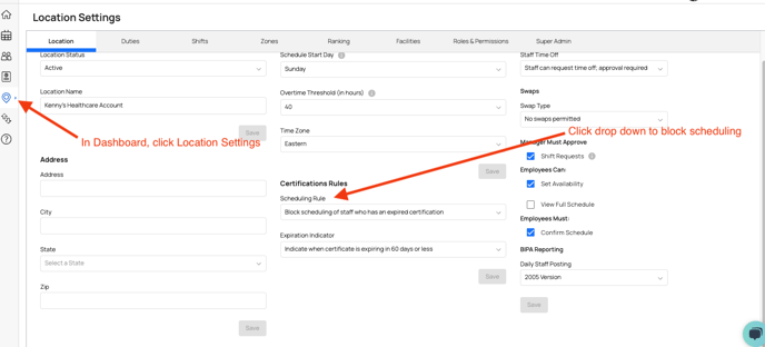 Navigating to Location Settings