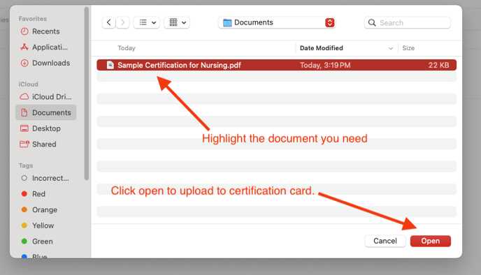 Upload document to certification card.