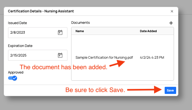View of added document in cert card