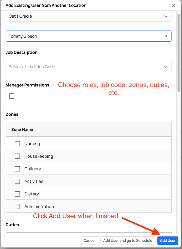 assign zones and duties to new location