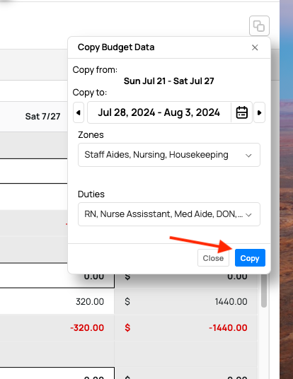 click copy to copy in budgete planner