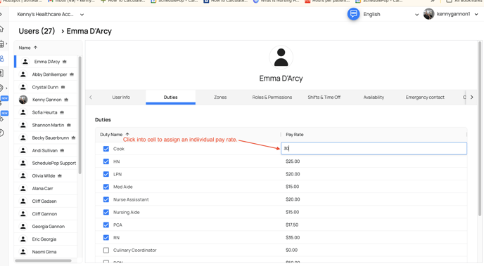 click into cell to enter individual pay rate