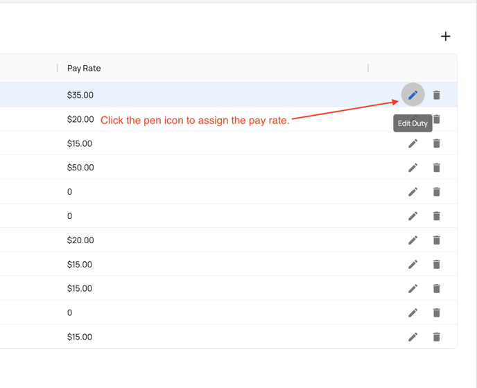 click pen icon to assign pay rate