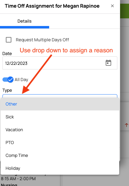 drop down in time off