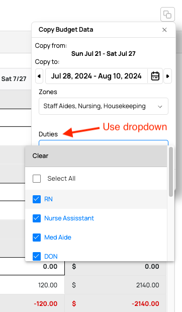 duties dropdown
