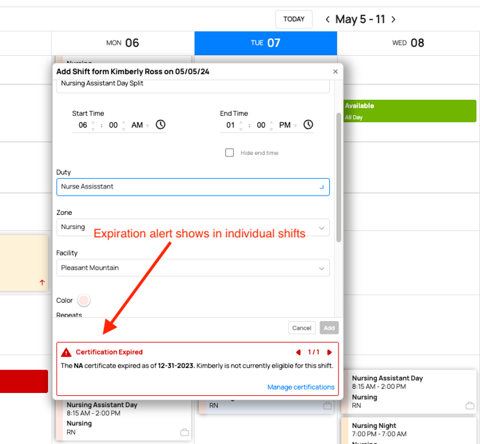 expiration in individual shifts