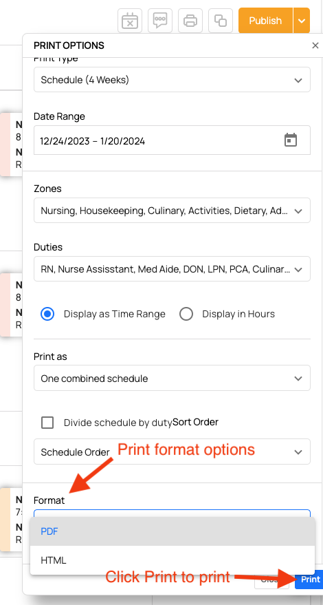 print format options