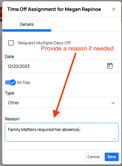text box reason time off