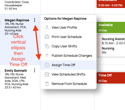 time off in user profile drop down in staff view