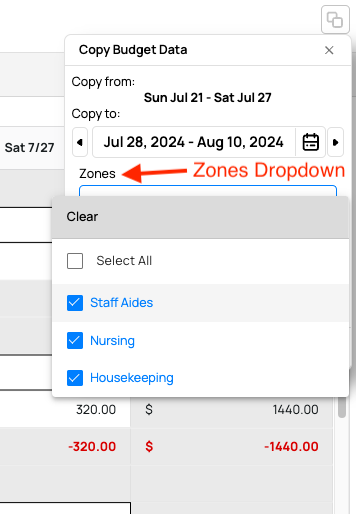 zones dropdown in budget planner